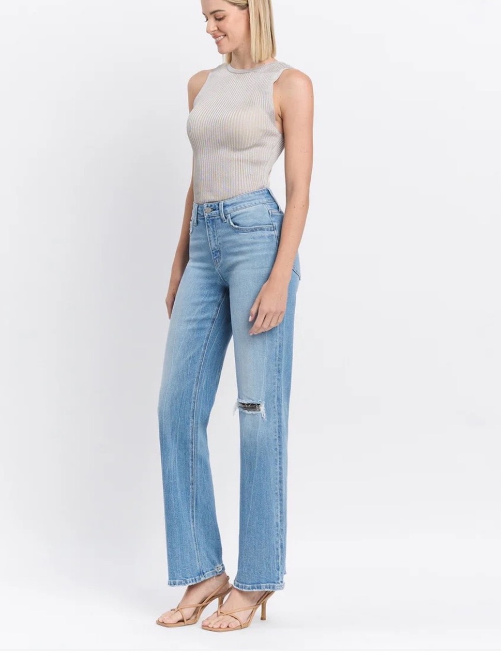 Light Blue Straight Leg Jeans with Knee Rip - Women's